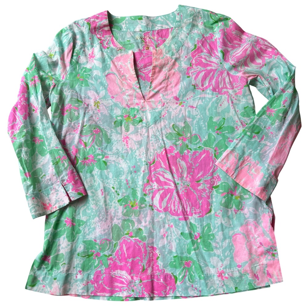 Lilly Pulitzer Tunic Top Small Pink Green Floral Cotton Split Neck 3/4 Sleeve